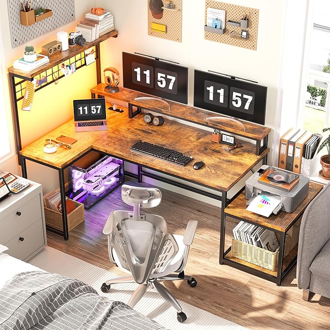 EnHomee 63" L Shaped Gaming Desk with LED Lights & Power Outlets,Reversible Corner Gaming Table with Storage Shelf & Hooks,Computer Desk with Monitor Stand & Print Stand for Home Office,Rustic Brown