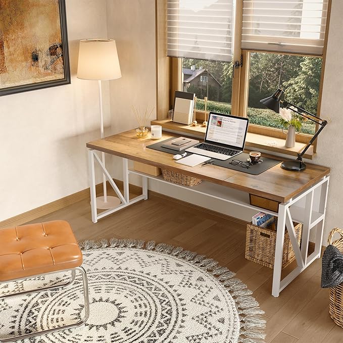 LITTLE TREE 63-Inch Executive Office Desk, Large Computer Desk with Storage Shelf, Executive Desk with Metal Frame, Thickened Desktop, Study Writing Desk Work Station for Home Office, Rustic + White