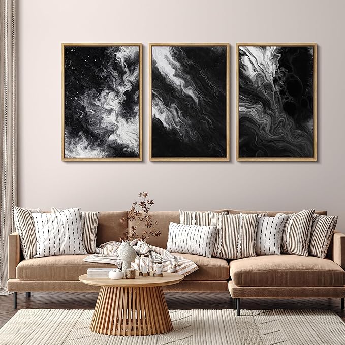 SIGNFORD Framed Wall Art Print Set Black and White Marble Abstract Modern Fluid Digital Art Modern Art Contemporary for Living Room, Bedroom, Office - 16"x24"x3 Natural