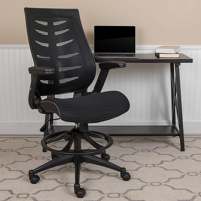 Flash Furniture Kale High-Back Ergonomic Mesh Office Chair with Flip-Up Arms and Adjustable Foot Ring, Spine-Back Tall Executive Swivel Chair, Black