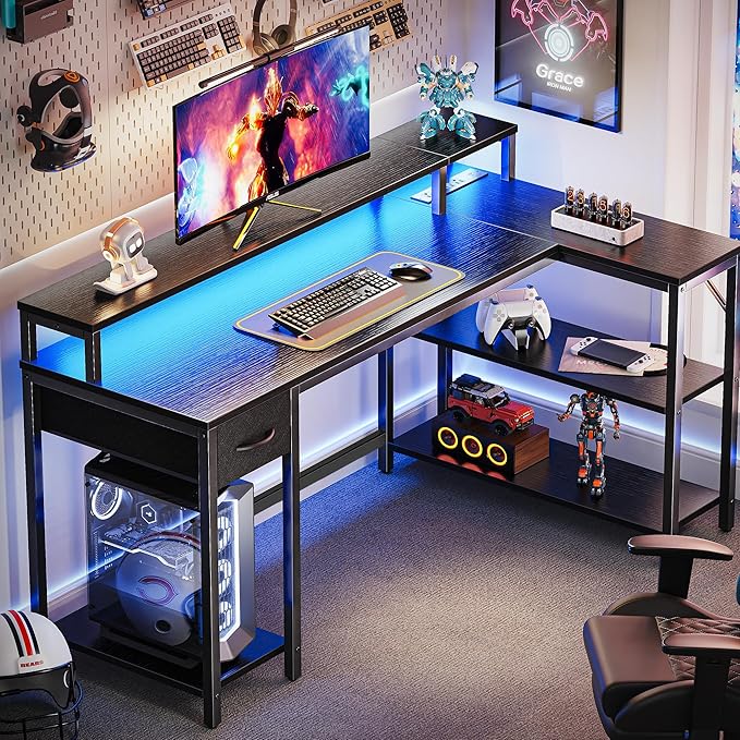 SUPERJARE 53 inch L Shaped Gaming Desk with LED Lights & Power Outlets, Reversible Computer Desk with Shelves & Monitor Stand, Corner Desk with Drawer, for Home & Office, Black