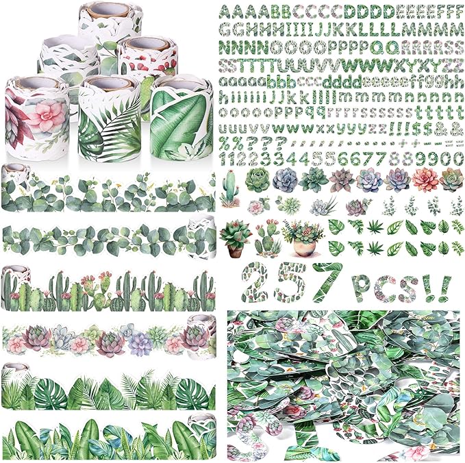 Kosiz Plant Bulletin Board Decoration Set 118 ft Scalloped Bulletin Board Borders Classroom Poster Border Trim with 257 Pcs Letter Number Symbol Cutout for School Decor