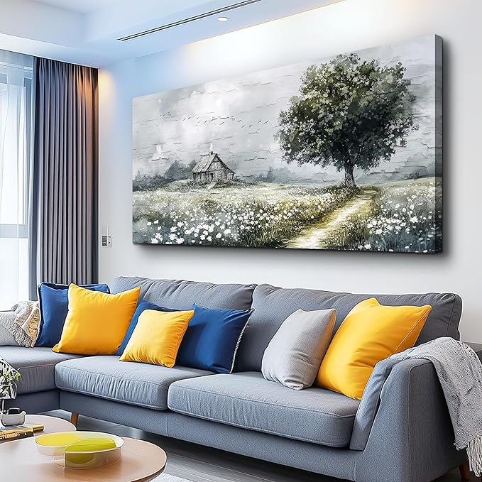 ERQINHUA Gray Large Canvas Wall Art For Living Room Farmhouse Wall Decor For Bedroom Office Mural Field scenery Paintings Tree Landscape Printed Artwork Wall Pictures Home Decorations art 24"X48"