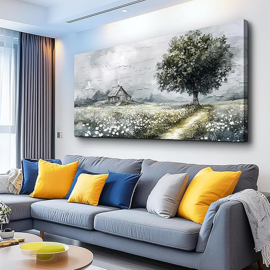 ERQINHUA Gray Large Canvas Wall Art For Living Room Farmhouse Wall Decor For Bedroom Office Mural Field scenery Paintings Tree Landscape Printed Artwork Wall Pictures Home Decorations art 24"X48"