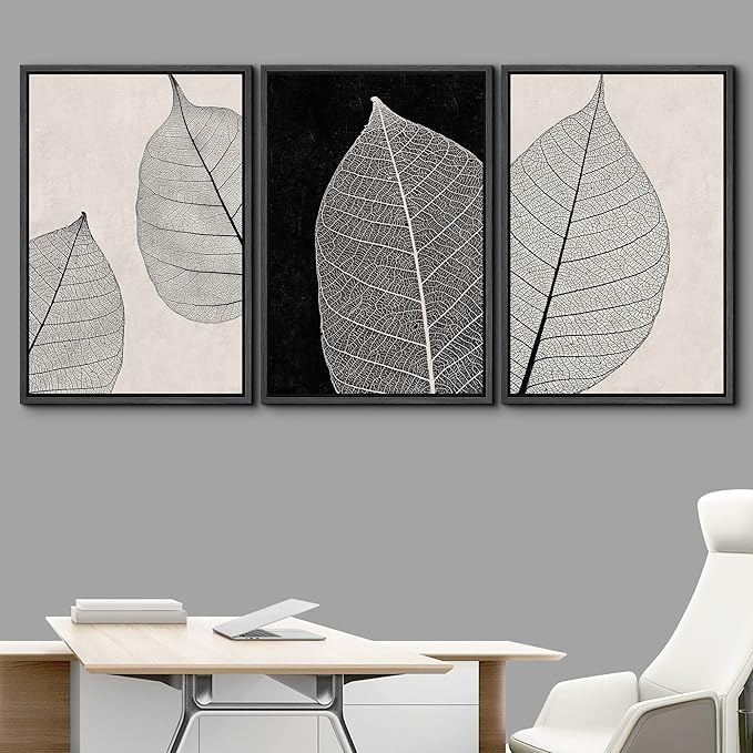 IDEA4WALL Framed Canvas Print Wall Art Set Tan Black Forest Plant Leaf Close Up Details Abstract Shapes Illustrations Modern Art Decorative Nordic for Living Room, Bedroom, Office - 24"x36"x3 Black