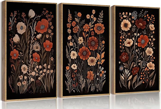 Wavkkey 3 Pcs Dark Floral Wall Art Vintage Moody Flowers Botanical Posters Painting Picture Wall Decor Canvas Print Artwork for Living Room Bedroom Women Room Home Decoration
