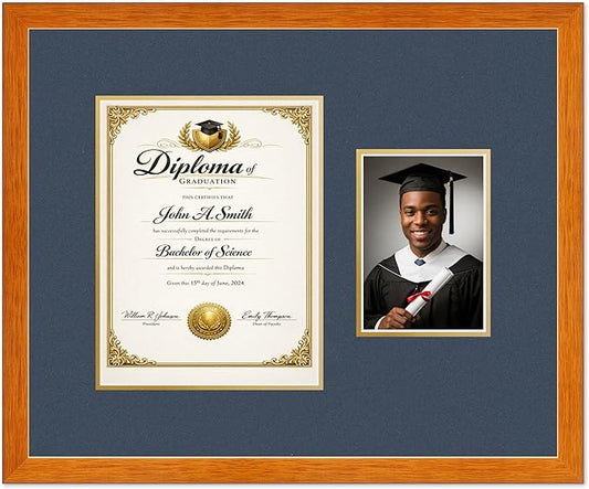 CountryArtHouse Fits 8.5 x 11 Certificate (Portrait) and 5 x 7 Photo Diploma and Photo Frame Honey Oak Genuine Hardwood with Navy Blue Over Metallic Gold Double mat