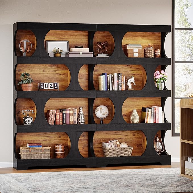 Tribesigns 71" Tall Black Bookcase Set of 2, Modern Asymmetrical Bookshelf, 4-Tier Freestanding Display Shelf with Classic Shape, Large Library Book Shelf for Living Room, Home Office
