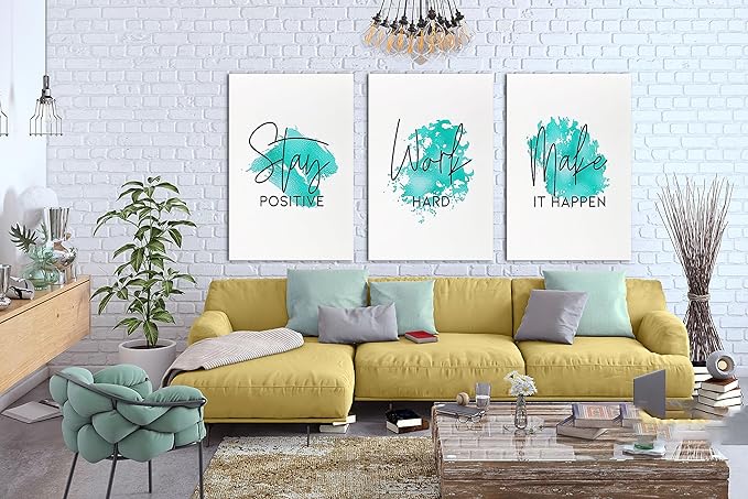SHMAO Teal Office Canvas Wall Art Motivational Wall Decor, 3 Piece Stay Work Make Print Pictures for Office Wall Decor Women Inspirational Framed Artwork Home Office Decor 24”x36”x3 Panels