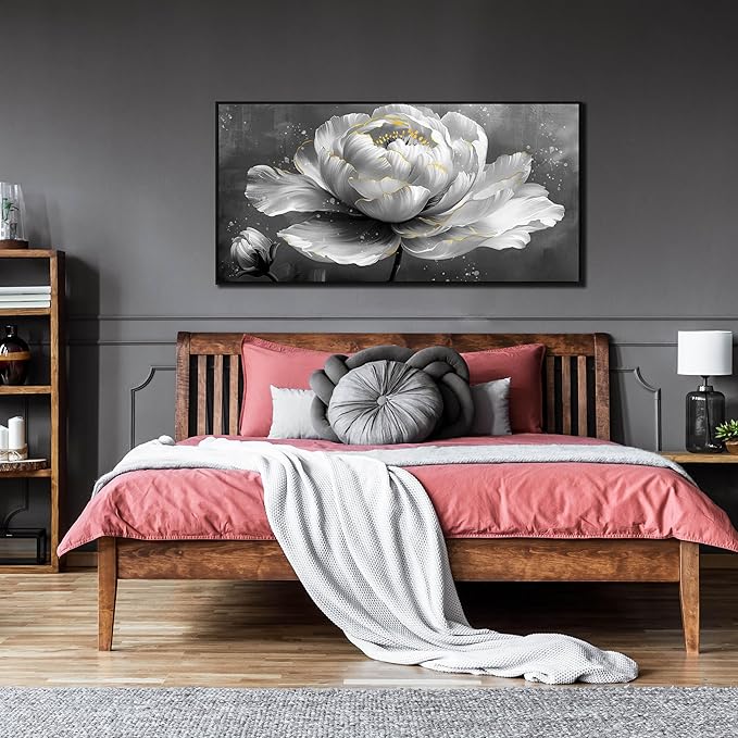 AOZEMI Black and White Wall Art Floral Art Wall Decor Flower Wall Decorations Gray Paintings for Home Kitchen Bedroom 24"x48"