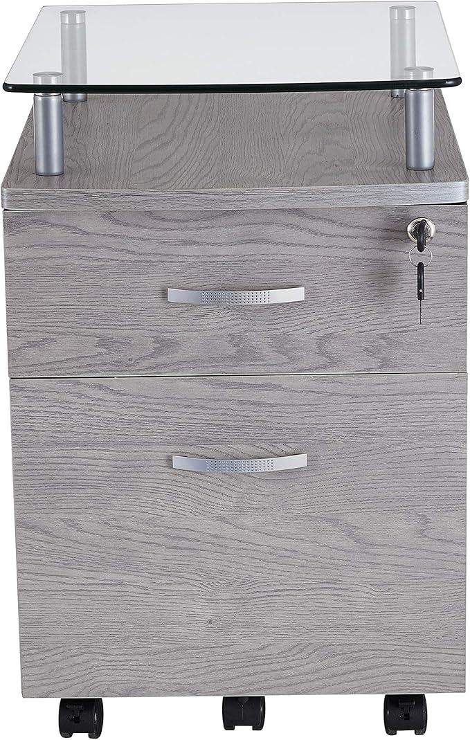 2-Drawer Rolling File Cabinet with Lock and Glass Top, Under Desk File Cabinet with Wheels, Printer Stand, Grey