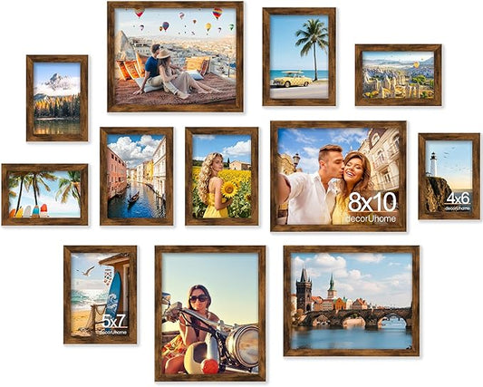 decorUhome Assorted Picture Frames Collage Wall Decor for Photo Gallery Display Set of 12 Including Four 8x10 / Four 5x7 / Four 4x6 for Family Wall Decor, Distressed Brown, 12 Pack