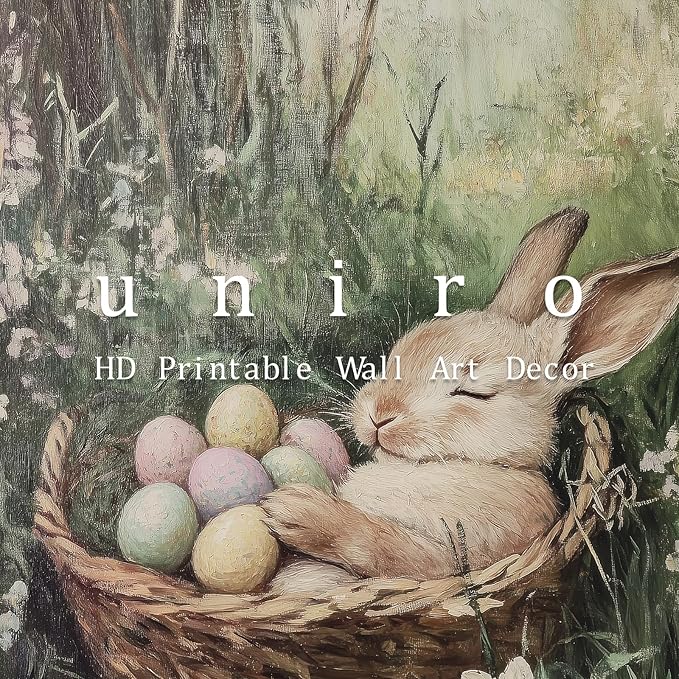 uniro Vintage Easter Rabbit Canvas Wall Art Print, Coloured Eggs and Bunny Painting, Farmhouse Home Decor for Bedroom Room Living Decor(8" x 10"-UNFRAMED)