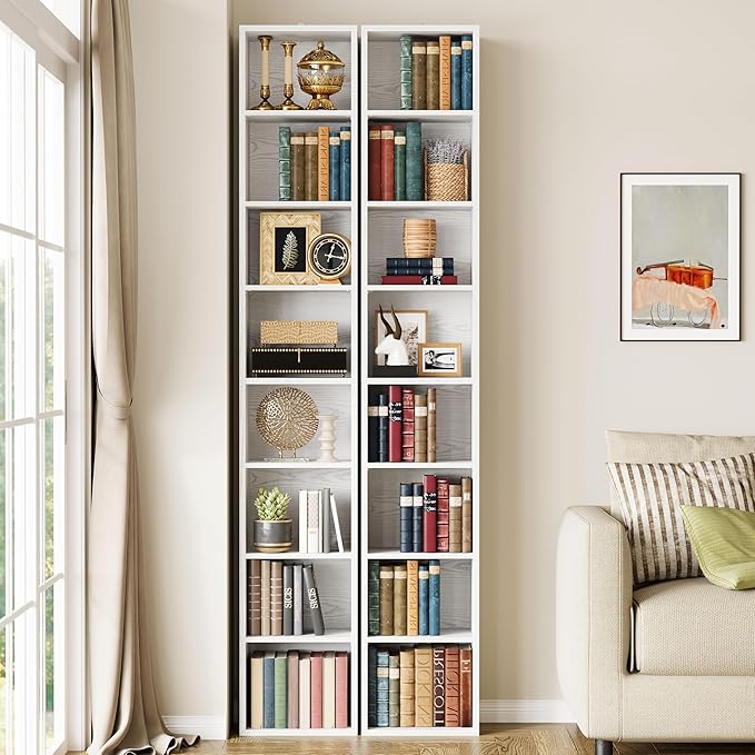 IRONCK Tall Narrow Bookshelf 8 Tiers 71in Set of 2, Compact Corner Bookcase, Easy to Match for Living Room, Office, Study, Bedroom
