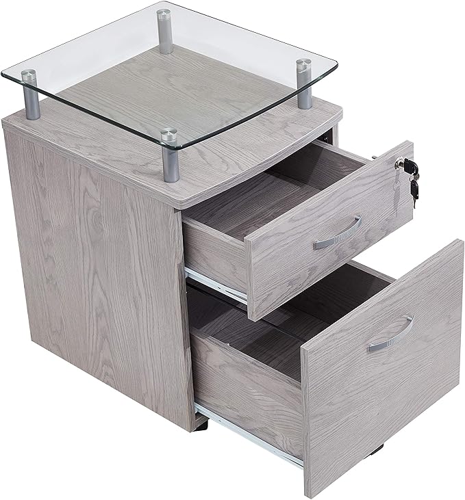 2-Drawer Rolling File Cabinet with Lock and Glass Top, Under Desk File Cabinet with Wheels, Printer Stand, Grey