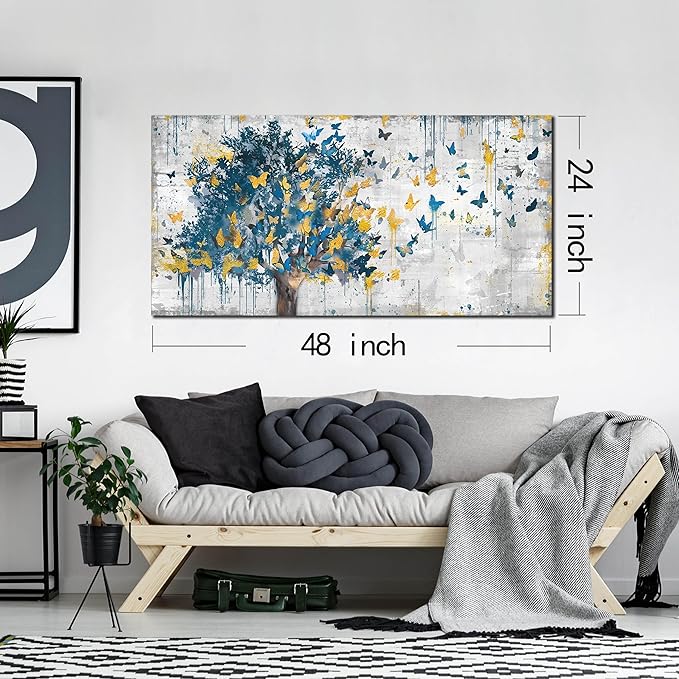 Kepgonegu Large Canvas Wall Art Blue Tree Golden Butterflies Picture Abstract Grey Graffiti Canvas Prints Ready to Hang for Living Room Bedroom Size 24x48