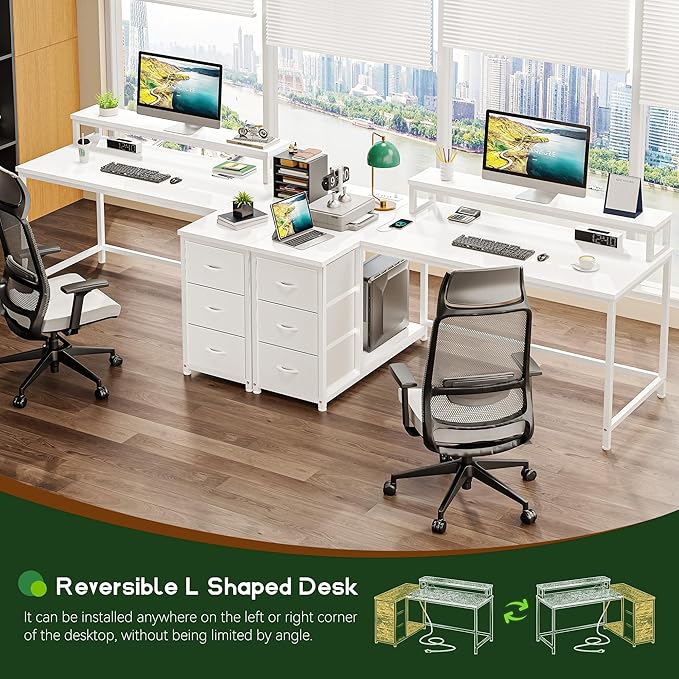 EnHomee L Shaped Gaming Desk with 3 Drawers & Power Outlet, 40Inch White Computer Desk with LED Lights Reversible Office Desk with Monitor Stand for Gaming,Study Room,Home Office,Bedroom,White