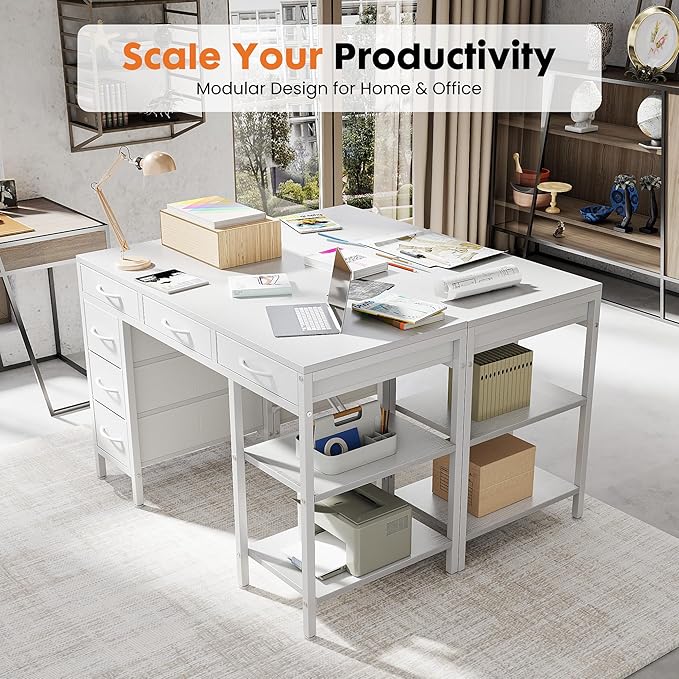 Sweetcrispy 47" Computer Desk with 6 Drawers, Home Office Gaming Desks with Storage Shelves for Bedroom, Writing Study Corner Living Room Work Table White