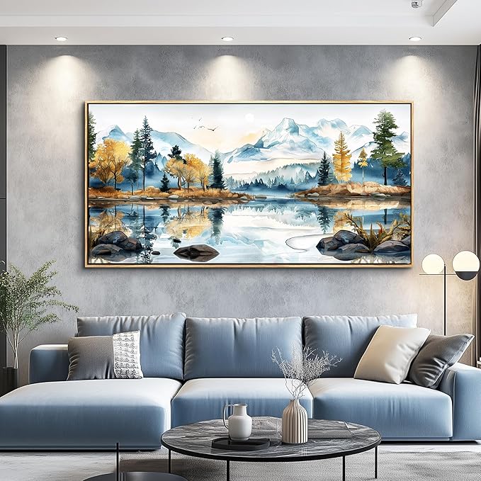 ERQINHUA Large Canvas Wall Art for Living Room Wall Decor for Bedroom Office Mural Abstract Watercolour Paint Tree Lakeside Landscapes Picture Artwork Home Decor Ready to Hang Wood Framed 24x48 In