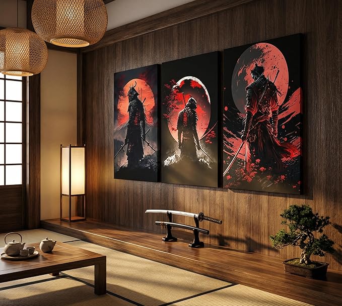 3pcs Japan Samurai Canvas Wall Art Japanese Style Full Moon Ninja Wall Decor Pictures Japanese Bushido Posters Prints Paintings for Living Room Bedroom Home Artwork Decoration Ready To Hang
