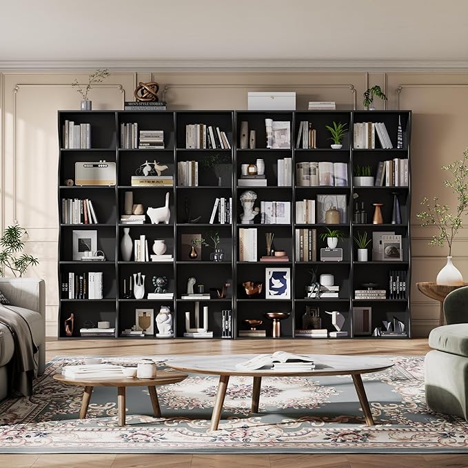 71" Triple Wide Bookshelf, 6 Tier Tall Bookcase with Storage, Large Book Shelves with 18 Open Display Shelves, Black Bookcase for Living Room, Study, Home Office, Library (Black)
