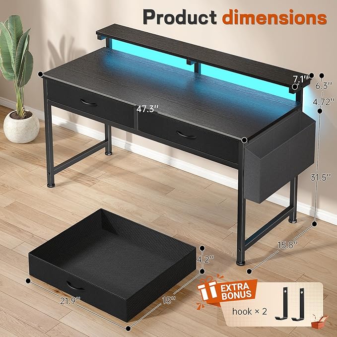 47.3Inch Gaming Desk with LED Lights with 2 Drawers, Home Office Desk Computer Desk with Side Pocket & Ergonomic Monitor Stand, Small Space Study Writing Table with Anti-Tip Design,Black