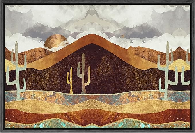SIGNFORD Framed Canvas Print Wall Art Brown Desert Canyon with Cacti Abstract Wilderness Illustrations Modern Art Rustic Scenic Colorful for Living Room, Bedroom, Office - 24"x36" Black