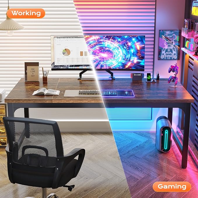 Huuger 63 x 31.5 inch Desk with Power Outlets & USB-C, 0.95 Inch Thicker Desktop, Robust Metal Tubes, Deep Computer Desk, Heavy Duty Office Desk, for Home Office, Rustic Brown