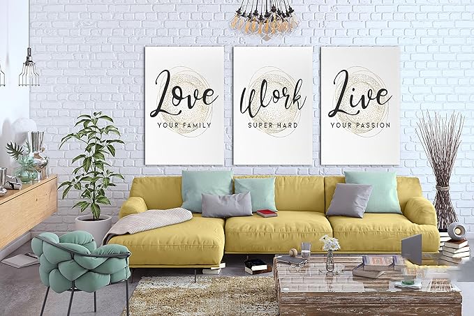 SHMAO Office Canvas Wall Art Motivational Wall Decor, 3 Piece Modern Love Work Live Print Pictures for Office Wall Decor Women Inspirational Framed Artwork Home Office Decor 24”x36”x3 Panels