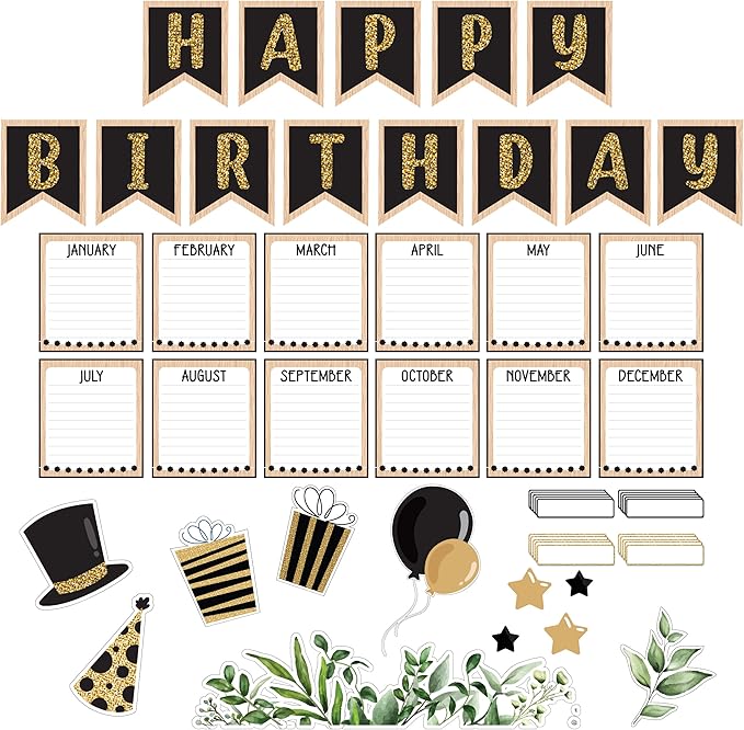 Decorably 103 Pcs Cutouts Farmhouse Happy Birthday Bulletin Board Decorations with Borders - Gloss-Laminated Cardstock for School, Classrooms
