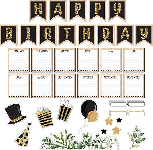 Decorably 103 Pcs Cutouts Farmhouse Happy Birthday Bulletin Board Decorations with Borders - Gloss-Laminated Cardstock for School, Classrooms