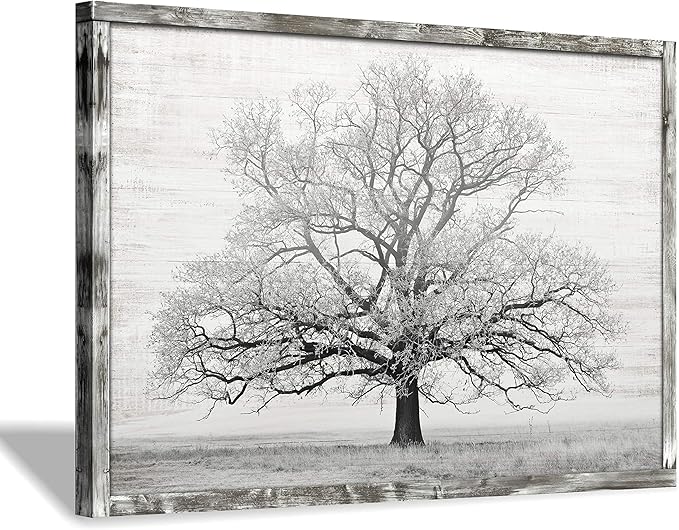 Wooden Winter Tree Wall Art: Farmhouse Foggy Landscape Picture Painting Print on Natural Wood with Handcrafted Rustic Wooden Framed Artwork (45” x 30”)