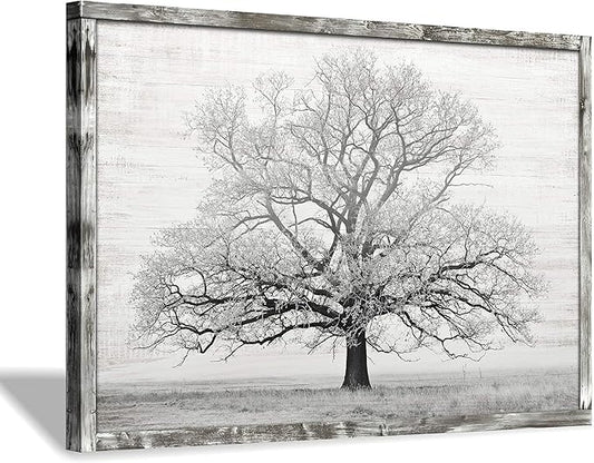 Wooden Winter Tree Wall Art: Farmhouse Foggy Landscape Picture Painting Print on Natural Wood with Handcrafted Rustic Wooden Framed Artwork (45” x 30”)