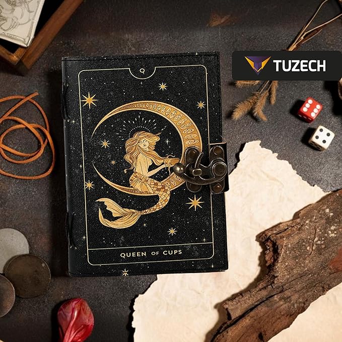 TUZECH Book of Spells Leather Bound Journal Deckle Edge Paper Grimoire Printed Diary Third Eye witchcraft supply and Witch Spell Notebook Antique Vintage Book for Men and Women (Queen of Cups)