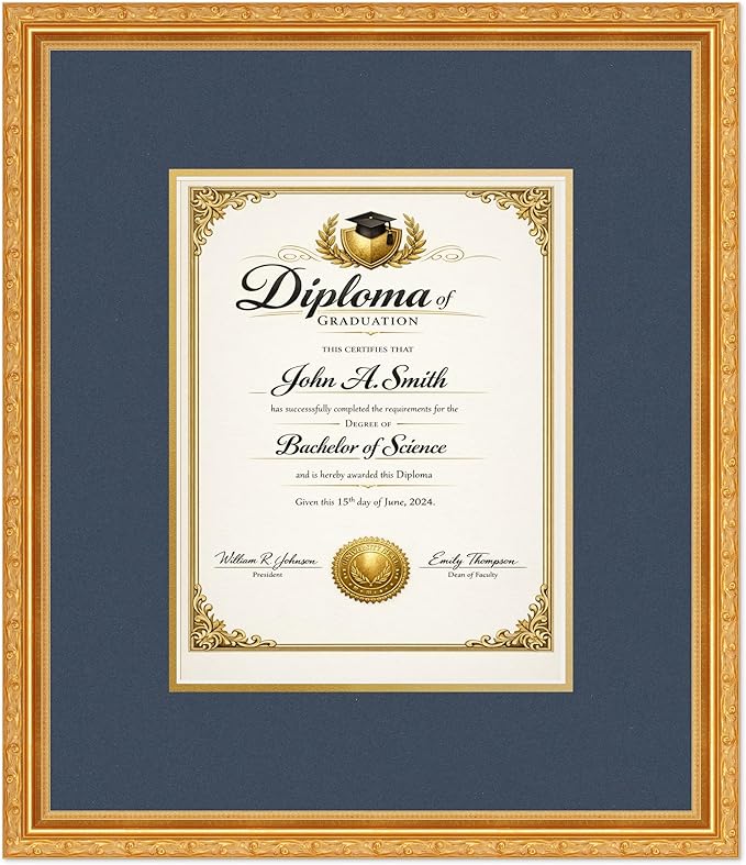 CountryArtHouse Diploma Frame Fits 8.5 x 11 Certificate (Portrait) - Keepsake Graduation Display Museum Gold Genuine Hardwood with Navy Blue Over Metallic Gold Double mat
