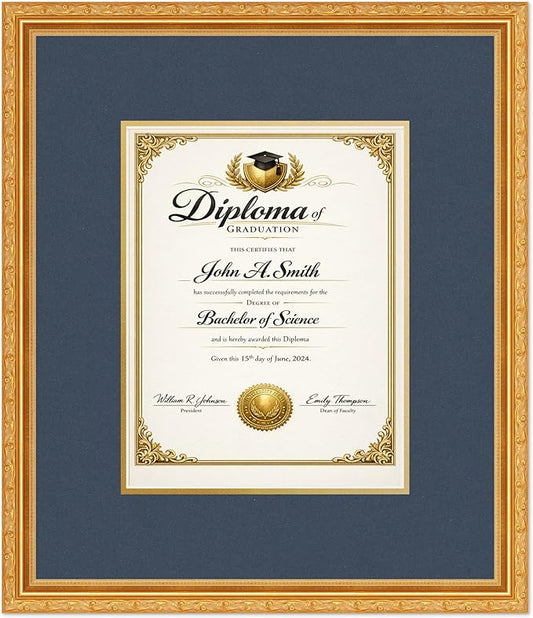 CountryArtHouse Diploma Frame Fits 8.5 x 11 Certificate (Portrait) - Keepsake Graduation Display Museum Gold Genuine Hardwood with Navy Blue Over Metallic Gold Double mat