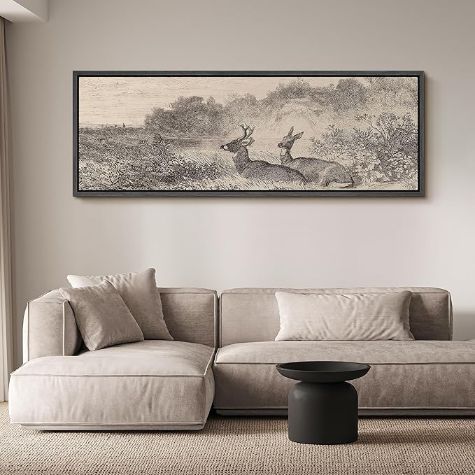 SIGNFORD Large Framed Canvas Vintage Deer Meadow Landscape Illustrations Modern Art Calm Warm for Living Room, Bedroom, Office - 60"x20"