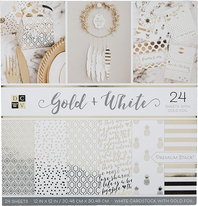 Die Cuts With a View Card Stock, Gold & White Premium Printed Cardstock Stack-12x12, Crafts Sheets Holographic Foil Double Sided Printed Cardstock Cardstock For Crafts Cardstock For Scrapbooking
