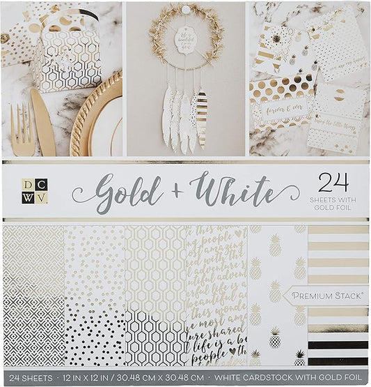 Die Cuts With a View Card Stock, Gold & White Premium Printed Cardstock Stack-12x12, Crafts Sheets Holographic Foil Double Sided Printed Cardstock Cardstock For Crafts Cardstock For Scrapbooking