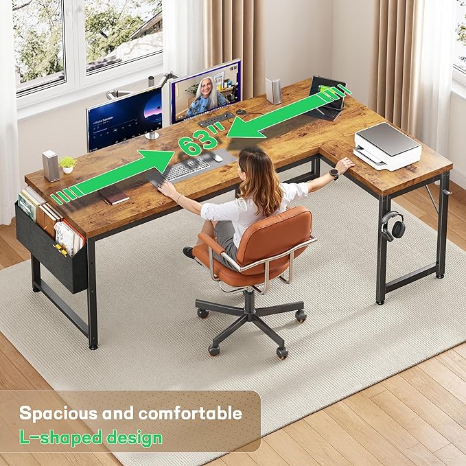 63" L Shaped Desk with Power Outlets and USB-C Port, Reversible Computer Desk, Larger Office Corner Gaming Desk with LED, 0.95" Thicker Desktop, Metal Frame, for Home Office, Study,Brown