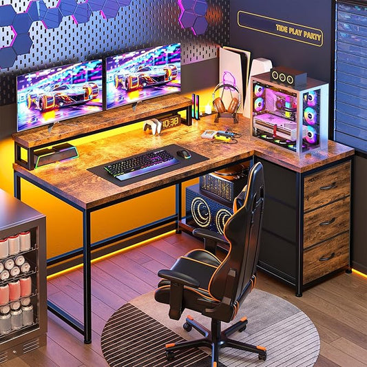 EnHomee L Shaped Desk with 3 Drawers, 40 Inch Small Desk with Monitor Stand, Gaming Desk with Power Outlet, Computer Corner Desk with LED Lights for Gaming, Home Office, Study Room, Rustic Brown