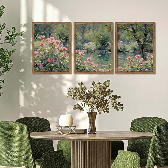Framed Monet Wall Art Set of 3, Impressionist Botanical Floral Canvas Wall Decor, Vintage Cottagecore Artwork Paintings, Nature Landscape Flowers Prints Pictures for Living Room Bedroom 12x16 Inch