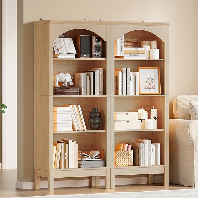 Arched Bookshelf with 4 Tier Open Shelves, 56" Tall Wood Bookcase with Adjustable Shelves, 24" Wide Floor Standing Display Storage Shelf for Home Office, Kitchen, Study and Living Room, Natural Oak
