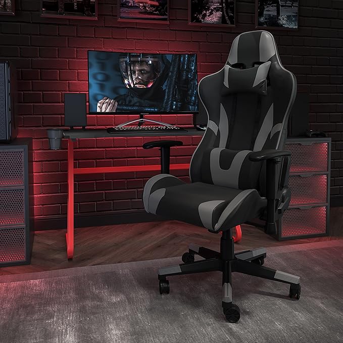 Flash Furniture X20 Gaming Chair Racing Office Ergonomic Computer PC Adjustable Swivel Chair with Fully Reclining Back in Gray LeatherSoft