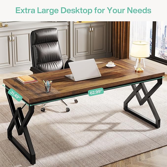 Tribesigns 63" Large Industrial Executive Desk with Extra Thickened Tabletop & Metal Frame, Heavy-Duty 300 lb Capacity Home Office Desk for Study Room, Dorm, Bedroom – Vintage Brown & Black
