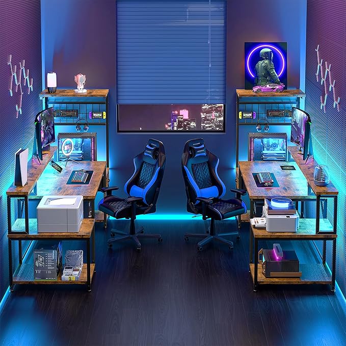 63" Gaming Desk with LED Lights & Outlets,Computer Desk with Drawers & Monitor Stand,Gaming Table with Storage Shelves & Printer Space for Game Room,Study Room,Home Office,Rustic Brown