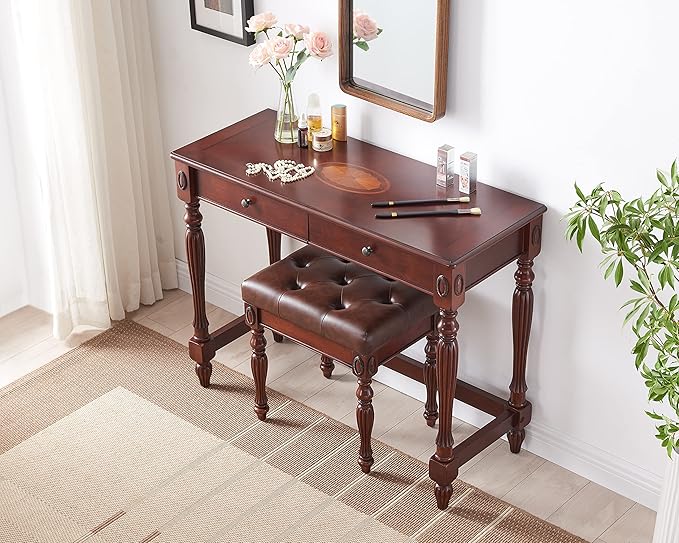Solid Wood Computer Writing Desk with 2 Storage Drawers, Traditional Vanity Dressing Table, Small Home Office Desk, Corner Table, Easy Assembly 39.37” x 15.74” x 30.9” Cherry Red Walnut SSZ1533WD