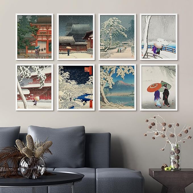 SIGNWIN Framed Poster Wall Art Set of Two Women in The Rain, Two Women in The Snow, Walking by a Temple on a Snowy Day for Living Room, Bedroom, Office - 11"x14"x 8 White