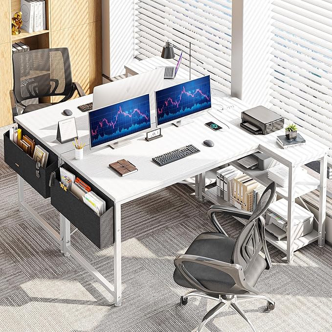EnHomee 48 Inch L Shaped Computer Desk with Storage Shelves & Side Bag, Office Desk with Power Outlets, Small Corner Desk for Gaming Working Small Space Home Office Bedroom, Study Writing Table, White