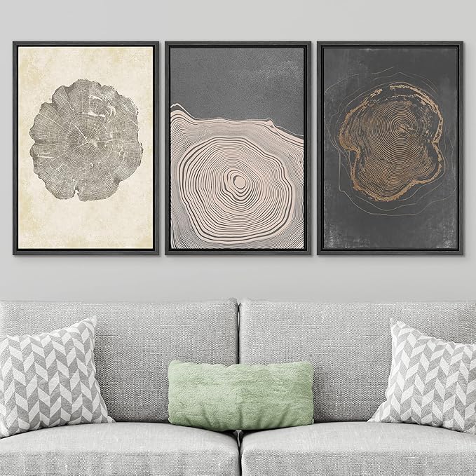 SIGNWIN Framed Canvas Print Wall Art Set Pastel Gray Wood Tree Ring Spirals Nature Abstract Drawings Modern Art Decorative Contemporary Minimal for Living Room, Bedroom, Office - 24"x36"x3 Black